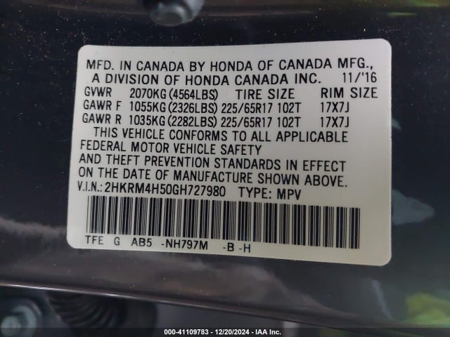 Honda CR-V EX 2016 2HKRM4H50GH727980 Image 9