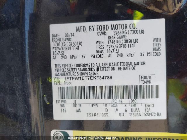 1FTFW1ET7EKF34786 Ford F-150 Xlt
