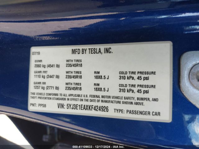 5YJ3E1EAXKF424926 Tesla Model 3 Long Range/mid Range/standard Range/standard Range Plus