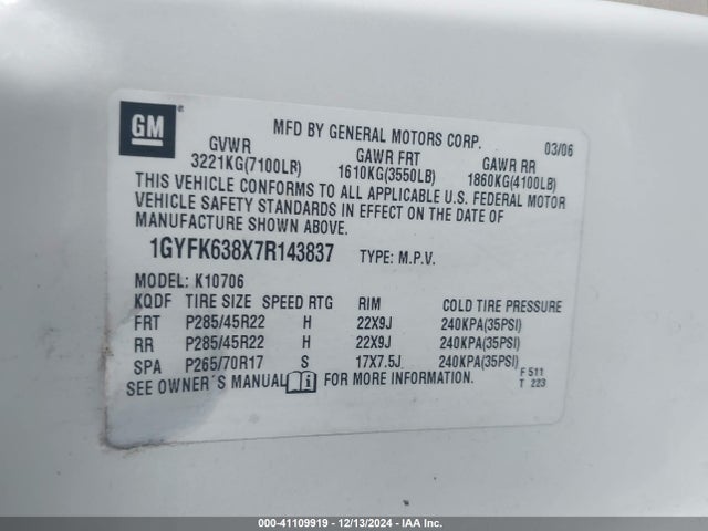 2007 CADILLAC ESCALADE 1GYFK638X7R143837 Photo 8