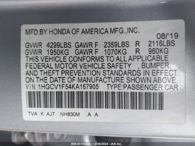 1HGCV1F54KA167905 Honda Accord Ex-l