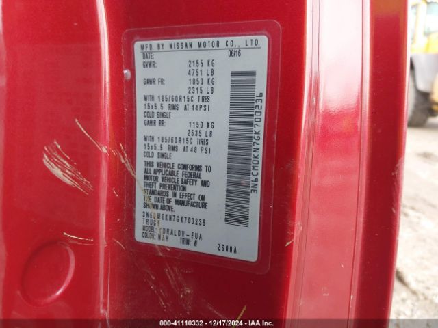 3N6CM0KN7GK700236 Nissan Nv200 S/sv
