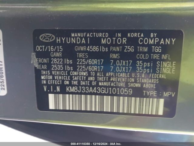 KM8J33A43GU101059 Hyundai TUCSON SE