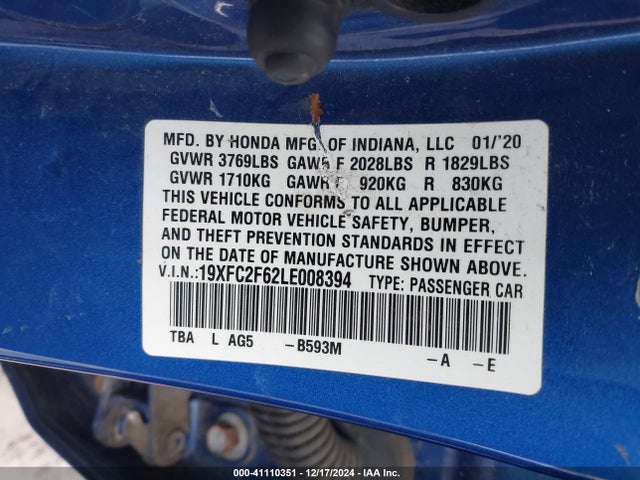 Honda Civic Lx 2020 19XFC2F62LE008394 Image 9
