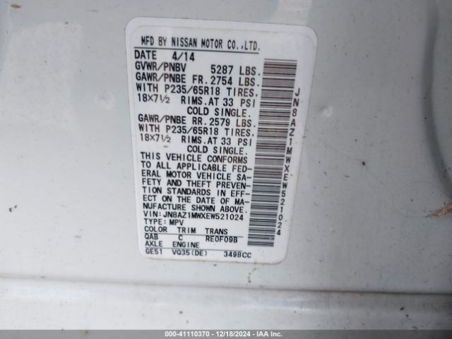 JN8AZ1MWXEW521024 Nissan MURANO SL