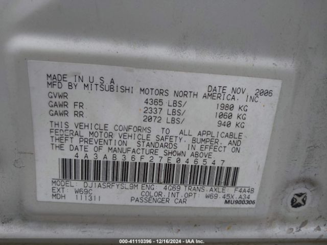 2007 MITSUBISHI GALANT 4A3AB36F27E046547 Photo 8