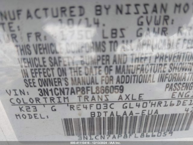 3N1CN7AP8FL866059 Nissan Versa 1.6 S