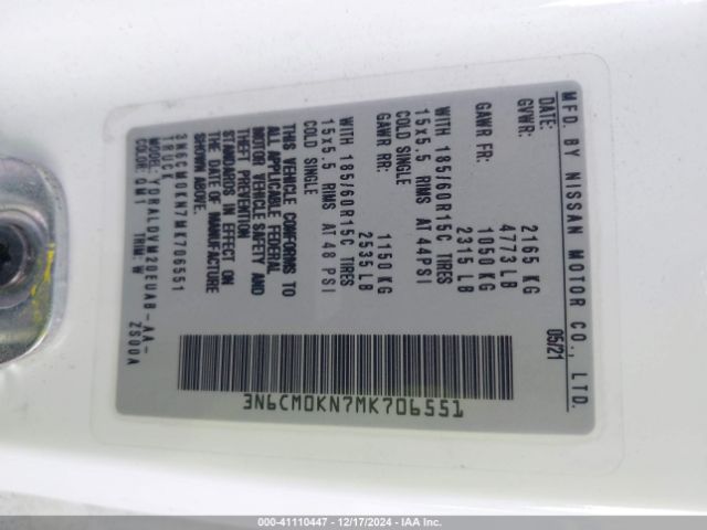 3N6CM0KN7MK706551 Nissan Nv200 Compact Cargo S Xtronic Cvt