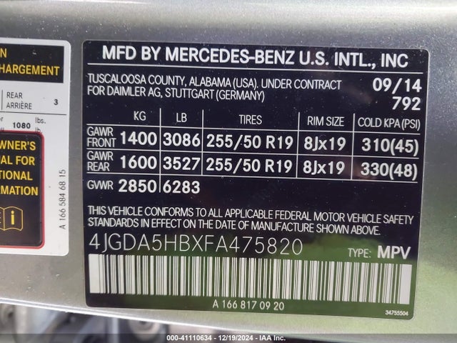 4JGDA5HBXFA475820 Mercedes-Benz Ml 350 4matic