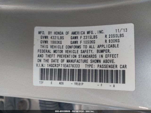 1HGCR2F71EA076333 Honda ACCORD EX