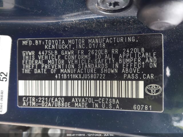 4T1B11HKXJU580722 Toyota CAMRY SE