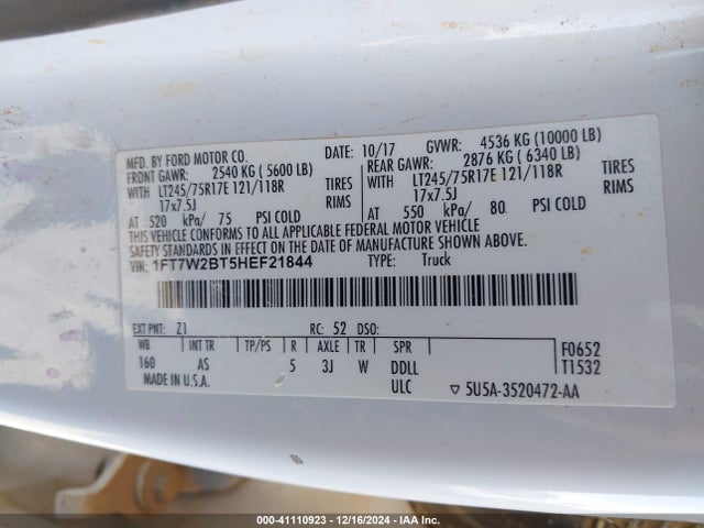 Ford F-250 Xl 2017 1FT7W2BT5HEF21844 Image 8