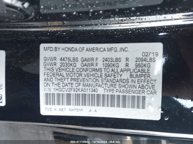 1HGCV2F92KA011340 Honda Accord Touring 2.0t