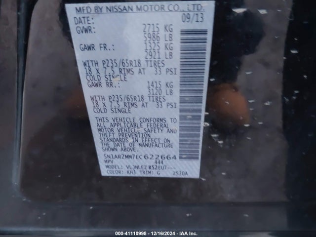 Nissan Pathfinder Sv 2014 5N1AR2MM7EC622664 Image 9