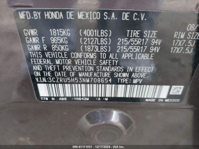 3CZRU5H53NM708654 Honda Hr-v 2wd Ex