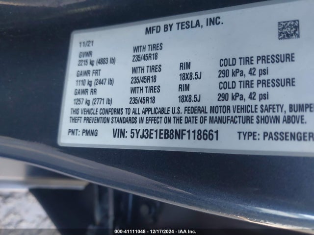 2022 TESLA MODEL 3 5YJ3E1EB8NF118661 Photo 8