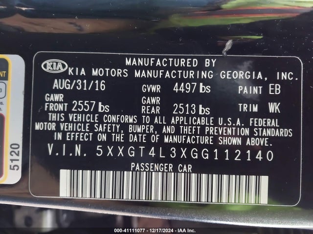 5XXGT4L3XGG112140 KIA Optima Lx