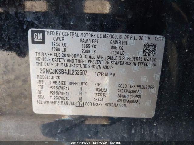 3GNCJKSB4JL262507 Chevrolet TRAX LS