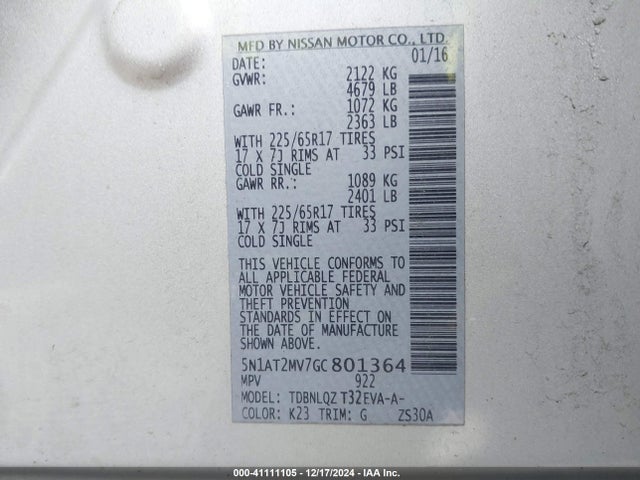 5N1AT2MV7GC801364 Nissan ROGUE SV