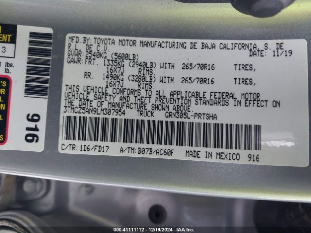 3TMCZ5AN9LM307954 Toyota Tacoma Trd Off-road