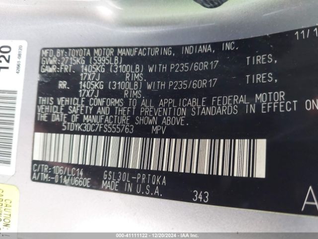 5TDYK3DC7FS555763 Toyota Sienna Xle 8 Passenger