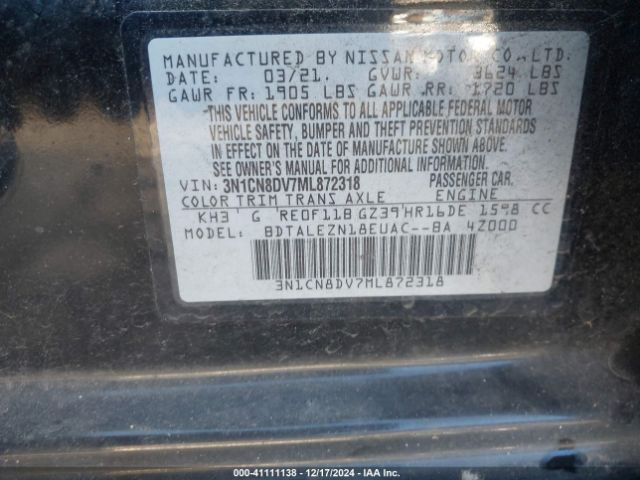 3N1CN8DV7ML872318 Nissan Versa S Xtronic Cvt