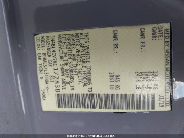 1N4BL4CV7KC172838 Nissan Altima 2.5 Sr