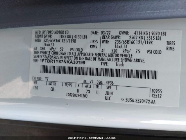 1FTBR1Y87NKA30199 Ford Transit-250 Cargo Van
