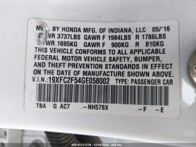 19XFC2F54GE058002 Honda Civic Lx