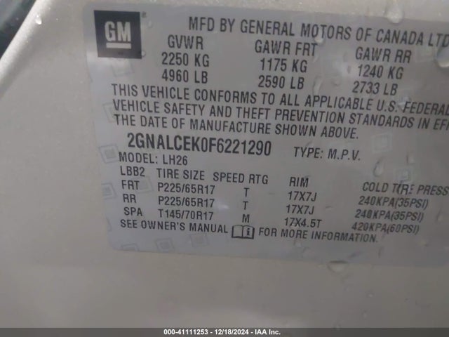 Chevrolet Equinox 2lt 2015 2GNALCEK0F6221290 Image 9