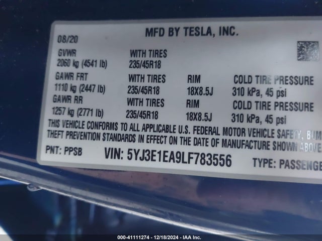 2020 TESLA MODEL 3 5YJ3E1EA9LF783556 Photo 8