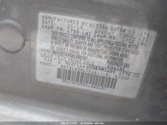 3N1CN7AP5KL880107 Nissan Versa 1.6 S+