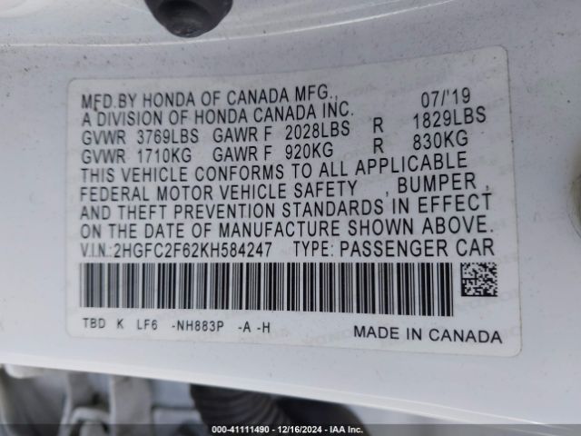 2HGFC2F62KH584247 Honda Civic Lx