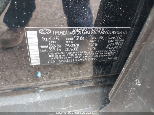 5NMS34AJ2PH619806 Hyundai Santa Fe Sel Premium