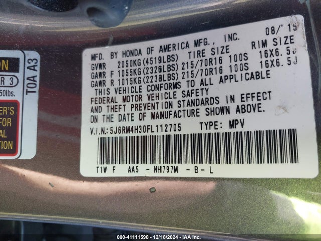 41111590 :رقم المزاد ، 5J6RM4H30FL112705 vin ، 2015 Honda Cr-v Lx مزاد بيع
