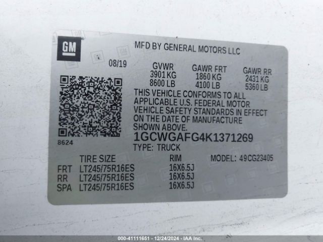 1GCWGAFG4K1371269 Chevrolet Express 2500 Work Van