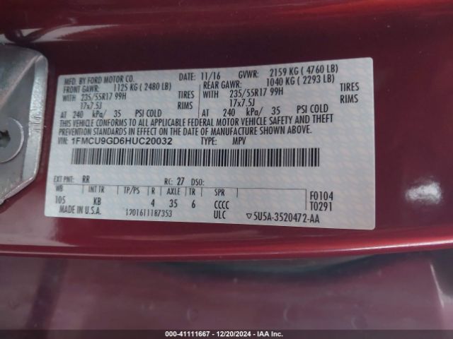 1FMCU9GD6HUC20032 Ford ESCAPE SE