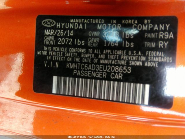 KMHTC6AD3EU208653 Hyundai Veloster Base W/black