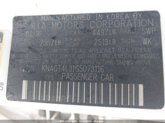 KNAGT4L31G5073116 KIA Optima Lx