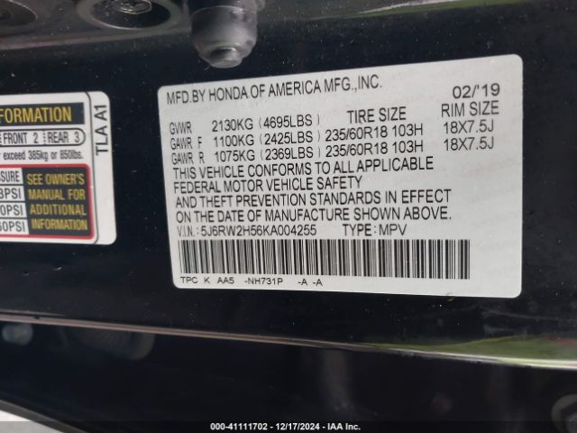 5J6RW2H56KA004255 Honda CR-V EX