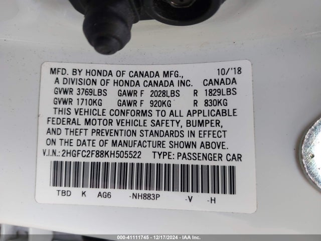 Honda Civic Sport 2019 2HGFC2F88KH505522 Image 9