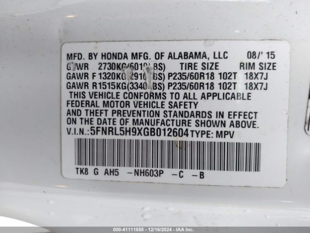5FNRL5H9XGB012604 Honda Odyssey Touring/touring Elite