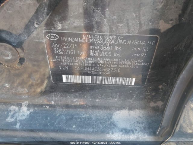 5NPDH4AE3GH682316 Hyundai ELANTRA SE