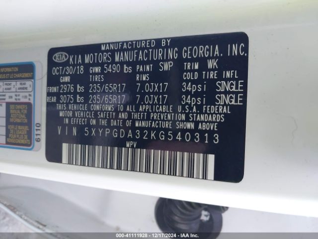 5XYPGDA32KG540313 KIA Sorento 2.4l Lx