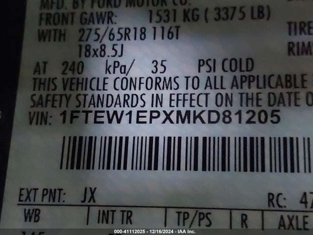 1FTEW1EPXMKD81205 Ford F-150 Xlt