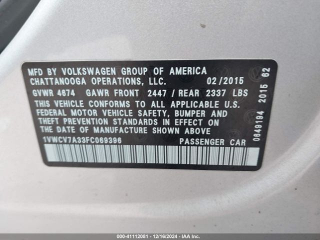 1VWCV7A33FC069396 Volkswagen Passat 2.0l Tdi Sel Premium