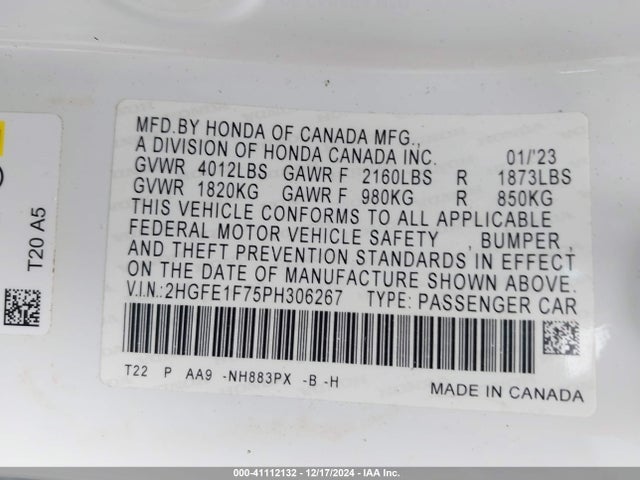 Honda Civic Ex /ex W/o Bsi 2023 2HGFE1F75PH306267 Image 9