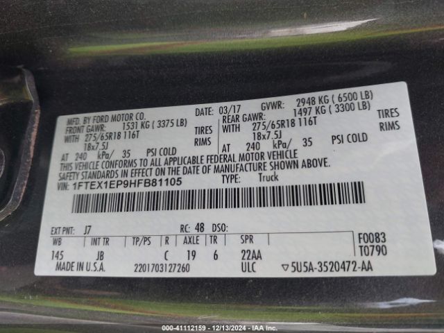 1FTEX1EP9HFB81105 Ford F-150 Xlt