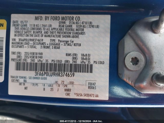 3FA6P0LU9HR374659 Ford Fusion Hybrid Se