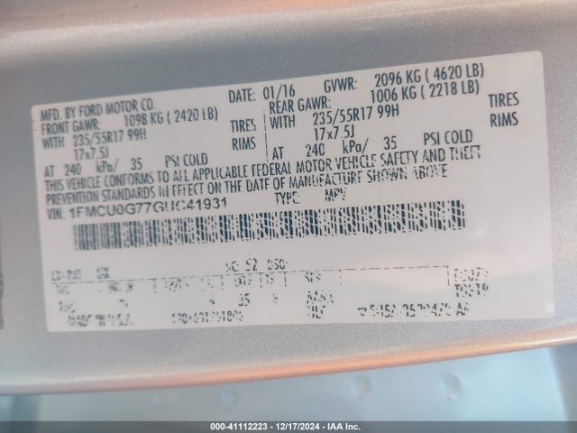 Ford ESCAPE SE 2016 1FMCU0G77GUC41931 Image 9